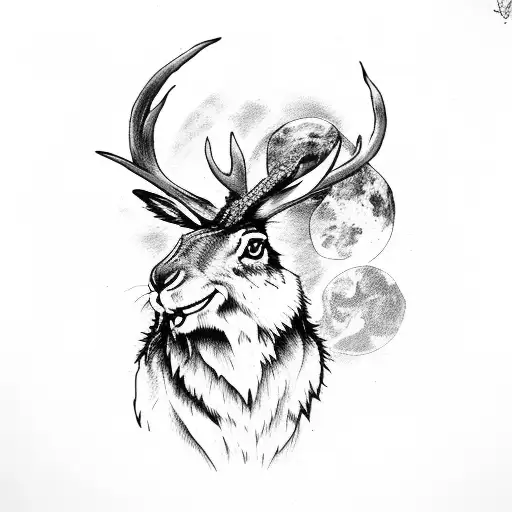 jackalope howling at the moon next to a fire in the forest tattoo design idea
