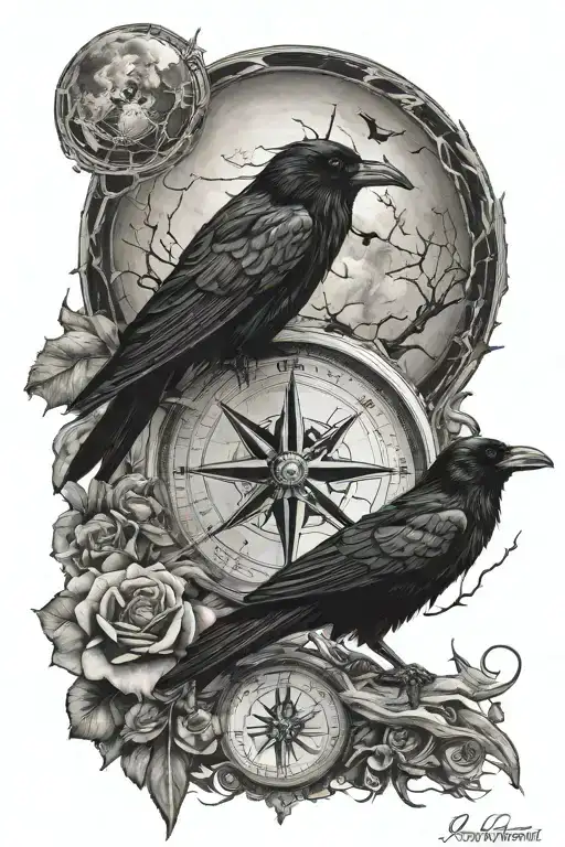 raven, full moon, compass and broken tattoo design idea
