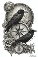 raven, full moon, compass and broken tattoo design idea