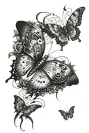 cyber sigilism style butterfly with 777 and sparkles butterfly sitting on numbers tattoo design idea
