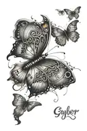 cyber sigilism style butterfly with 777 and sparkles butterfly sitting on numbers tattoo design idea