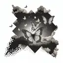 A dotwork tattoo of a nature scene with sparkling butterflies and clouds forming the shape of 777 tattoo design idea