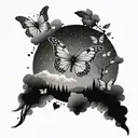 A dotwork tattoo of a nature scene with sparkling butterflies and clouds forming the shape of 777 tattoo design idea