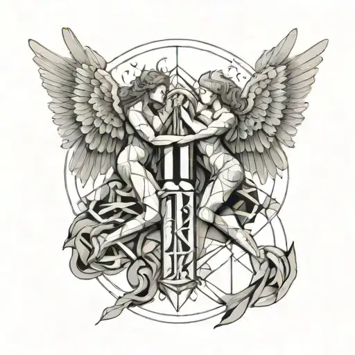 2 angels fighting for balance, where the number 111 is in the middle and add 2 P letters in each side of angel tattoo design idea