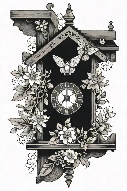 cuckoo clock German with pretzel and edelweiss flowers around simple and delicate  tattoo design idea