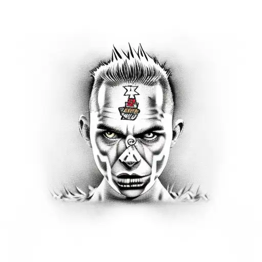 A realistic portrait of a disabled punk rock musician with a Bayern Munich jersey and NOFX lyrics incorporated into the design tattoo design idea