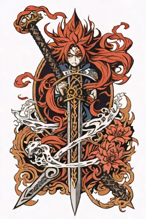 Tanjiro's sword in the center, crossing the tattoo vertically. Minato's Kurama mode in the background, with flames and flower symbols. tattoo design idea