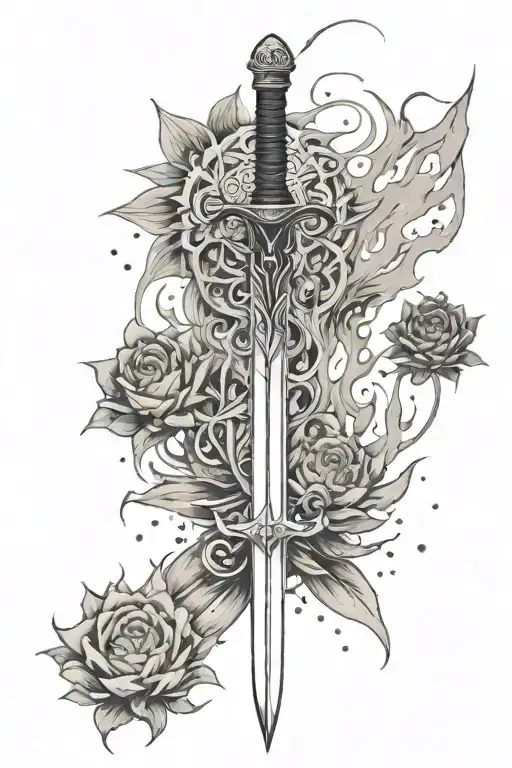 Tanjiro's sword in the center, crossing the tattoo vertically. Minato's Kurama mode in the background, with flames and flower symbols. tattoo design idea
