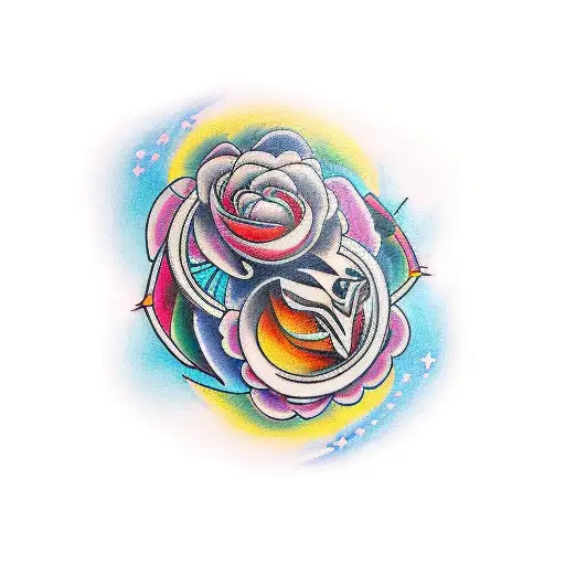 On your left forearm, an artful expression unfurls, a tattoo that melds vibrant shapes and vivid hues, serving as a cons tattoo design idea