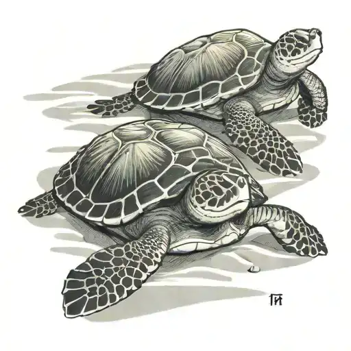 two green sea turtles laying in the sand at sun setting tattoo design idea