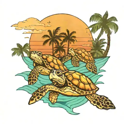 Sea turtles  in the sunset  with palm trees tattoo design idea