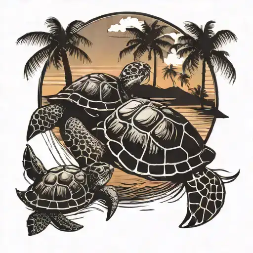 Sea turtles  in the sunset  with palm trees black and white  tattoo design idea