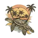 Sea turtles  in the sunset  with palm trees tattoo design idea