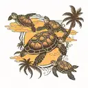 Sea turtles  in the sunset  with palm trees tattoo design idea