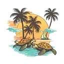 Sea turtles  in the sunset  with palm trees tattoo design idea