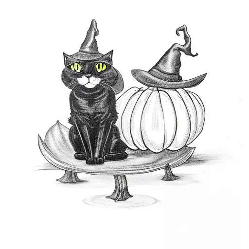 A black cat sitting on a pumpkin with a witch's hat on tattoo design idea
