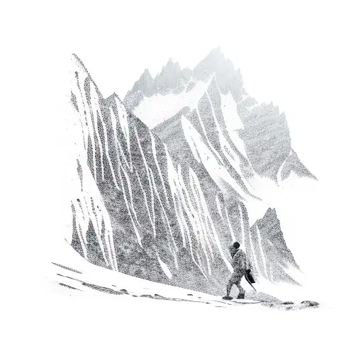 A silhouette of a hiker against a snowy mountain backdrop tattoo design idea