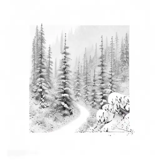 A trail winding through a snowy forest tattoo design idea