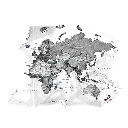 A world map made up of intricate line drawings of famous landmarks from different countries tattoo design idea