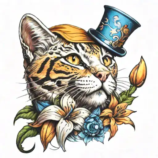orange cat with a broken blue bell collar surrounded by tigerlillies and with a nurse's cap on top  tattoo design idea