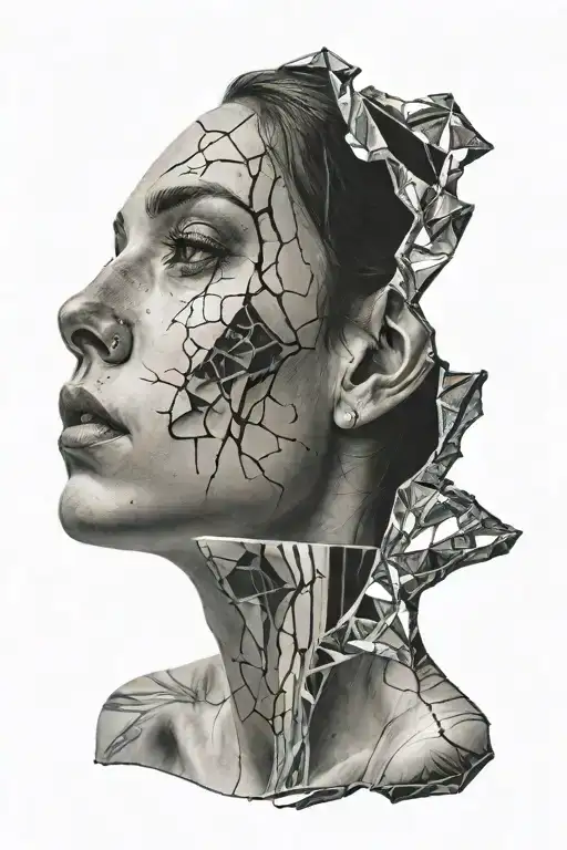 woman looking into broken mirror reflection tattoo design idea