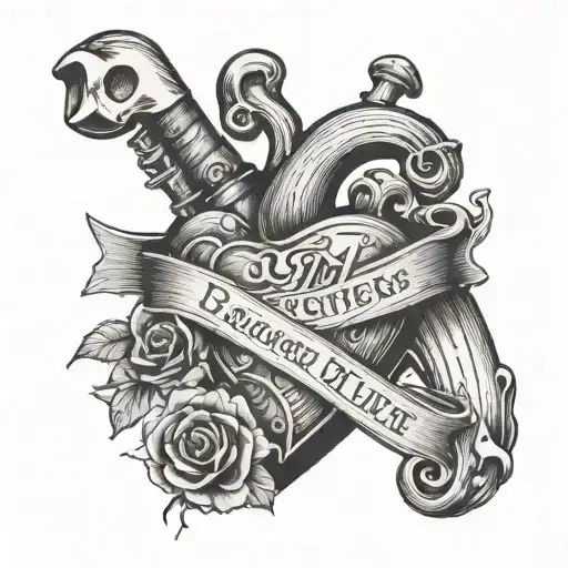 Woodworking tools forming a heart shape with 2 daughters' names tattoo design idea