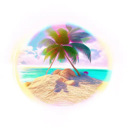Beach with palm tree waves sun rise  tattoo design idea