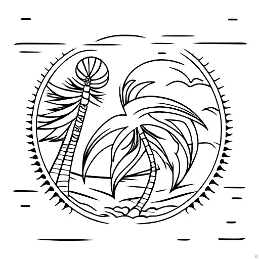 Beach with palm tree waves sun rise  tattoo design idea