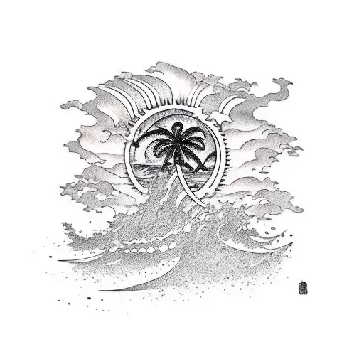 Beach with palm tree waves sun rise  tattoo design idea