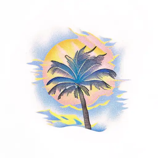 Beach with palm tree waves sun rise  tattoo design idea