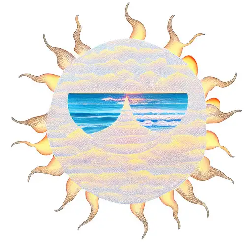 Beach with palm tree waves sun rise  tattoo design idea