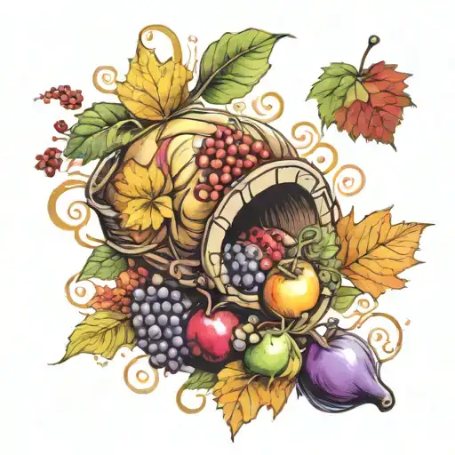 a cornucopia with several fruits coming out of it and fall leaves and colers around it tattoo design idea