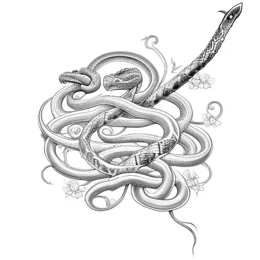 long sword wrapped with a snake and vines with flowers tattoo design idea