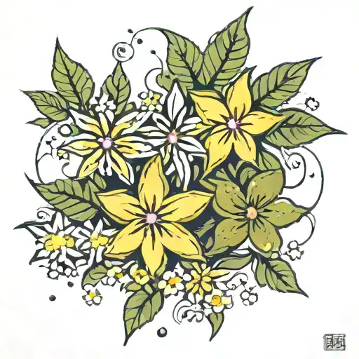 A pair of stars twinkling around olive flowers tattoo design idea