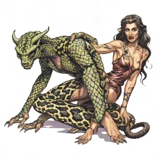 succubus with snake like hair in tight snake skin dress and heels holding two men in a ln empowering stance tattoo design idea