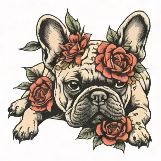 flowers french bulldog tattoo design idea
