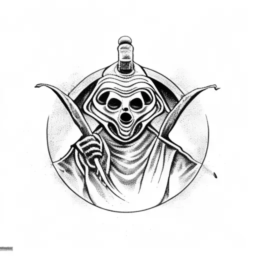 front view of plague doctor holding orb tattoo design idea