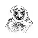 front view of plague doctor holding orb tattoo design idea