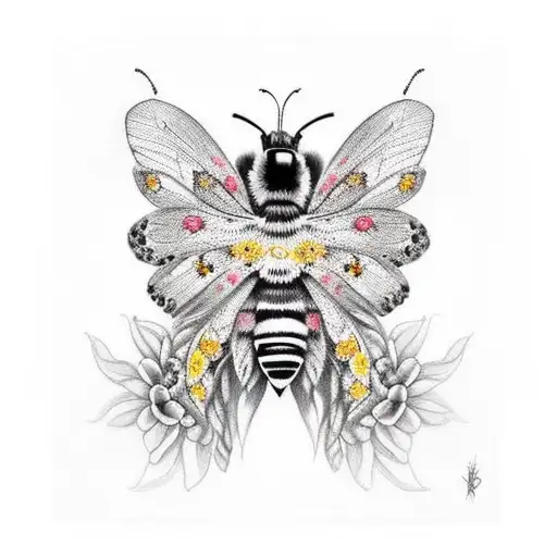 flowers, bee, black jaguar, hummingbirds tattoo design idea
