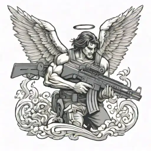 Angel holds a machine gun in battle tattoo design idea