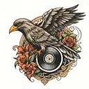music, feather and birds perched tattoo design idea