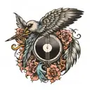 music, feather and birds perched tattoo design idea