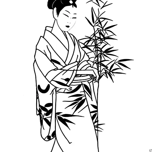 Geisha wearing a kimono surrounded by a serene bamboo forest tattoo design idea
