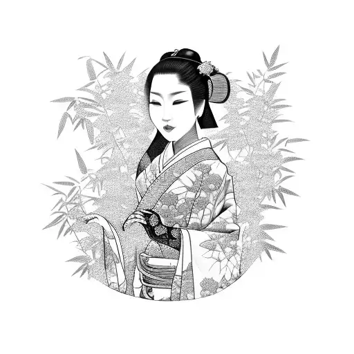 Geisha wearing a kimono surrounded by a serene bamboo forest tattoo design idea