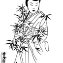 Geisha wearing a kimono surrounded by a serene bamboo forest tattoo design idea