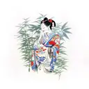Geisha wearing a kimono surrounded by a serene bamboo forest tattoo design idea