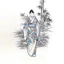 Geisha wearing a kimono surrounded by a serene bamboo forest tattoo design idea