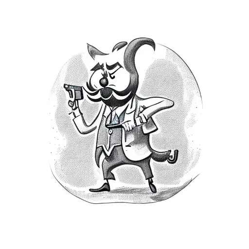 raccoon dressed as Yosemite Sam jumping and holding a revolver in one hand and a cigarette in the other tattoo design idea