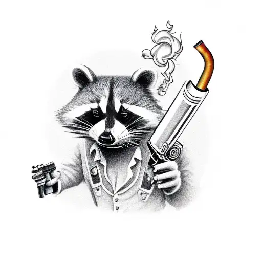 raccoon dressed as Yosemite Sam holding a revolver and a cigarette  tattoo design idea