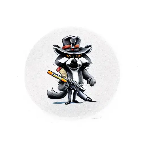 raccoon dressed as Yosemite Sam holding a revolver and a cigarette  tattoo design idea